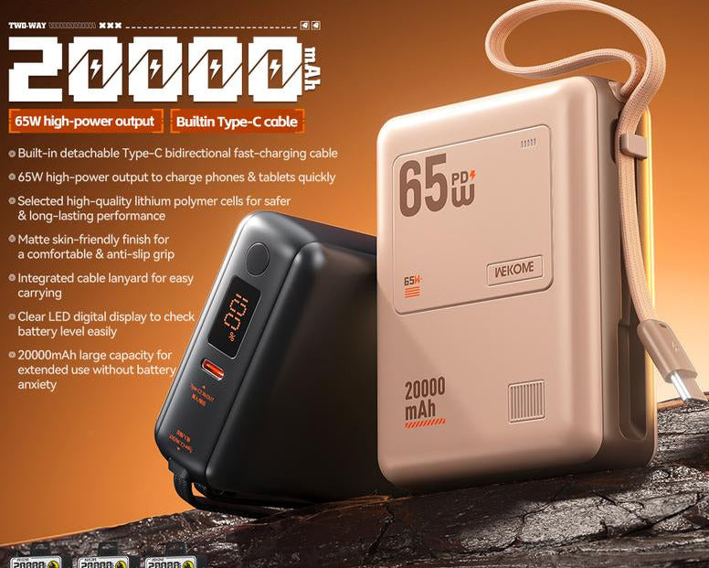 20000mAh Mini Portable Power Bank with 65W Super Fast Charging, Dual Input/Output, Digital Display, Lightweight and Compact Design - Ideal Holiday Gift